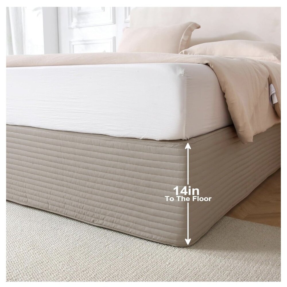 Queen Size Khaki Bed Skirt with 14-Inch Drop, Easy Fit Wrap-Around Cover for Bed - Picture 2 of 5